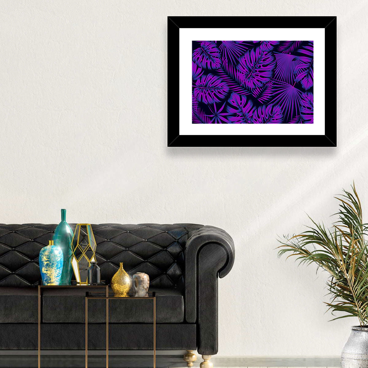 Violet Tropical Leaves Wall Art in a room, landscape