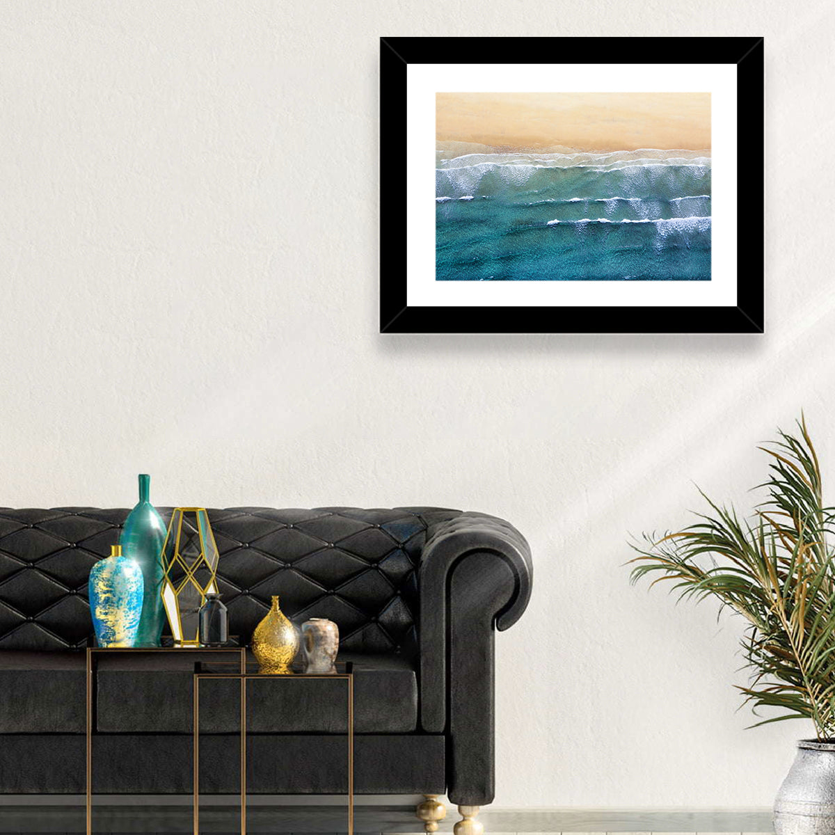 Calm Turquoise Beachscape Wall Art in a room, landscape