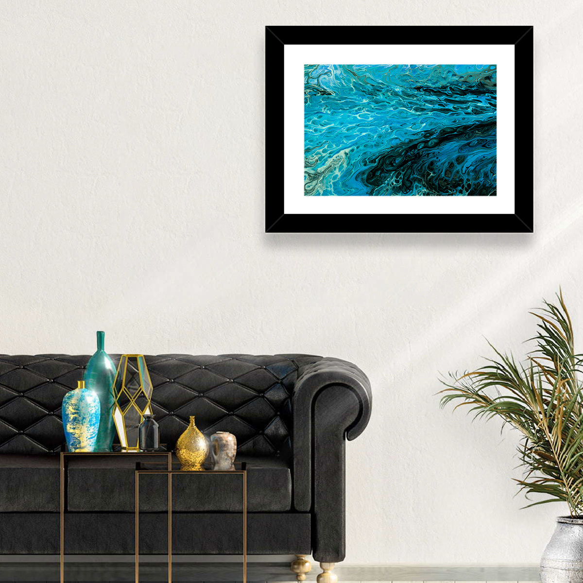 Liquid Marble Blue Abstract Wall Art in a room, landscape