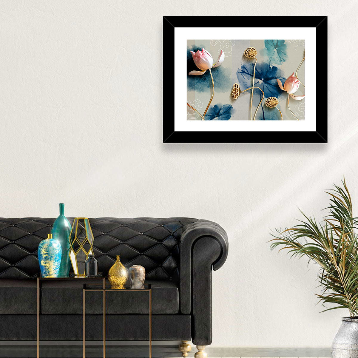 Blue Lotus Botanical Backdrop Wall Art in a room, landscape