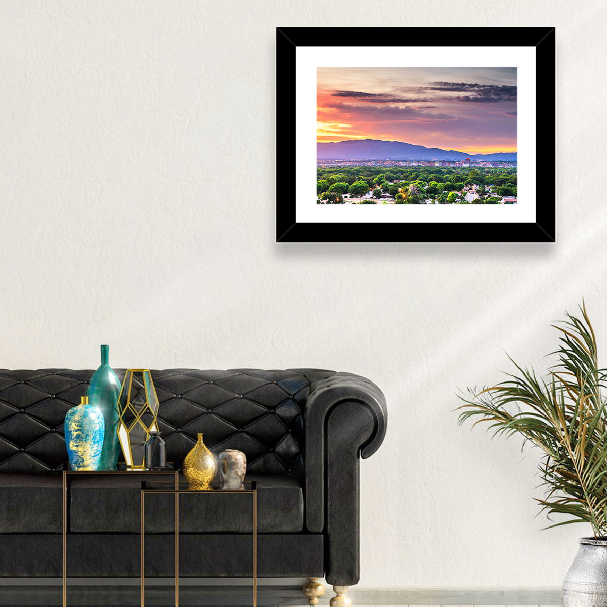 Albuquerque Skyline at Dusk Wall Art in a room, landscape