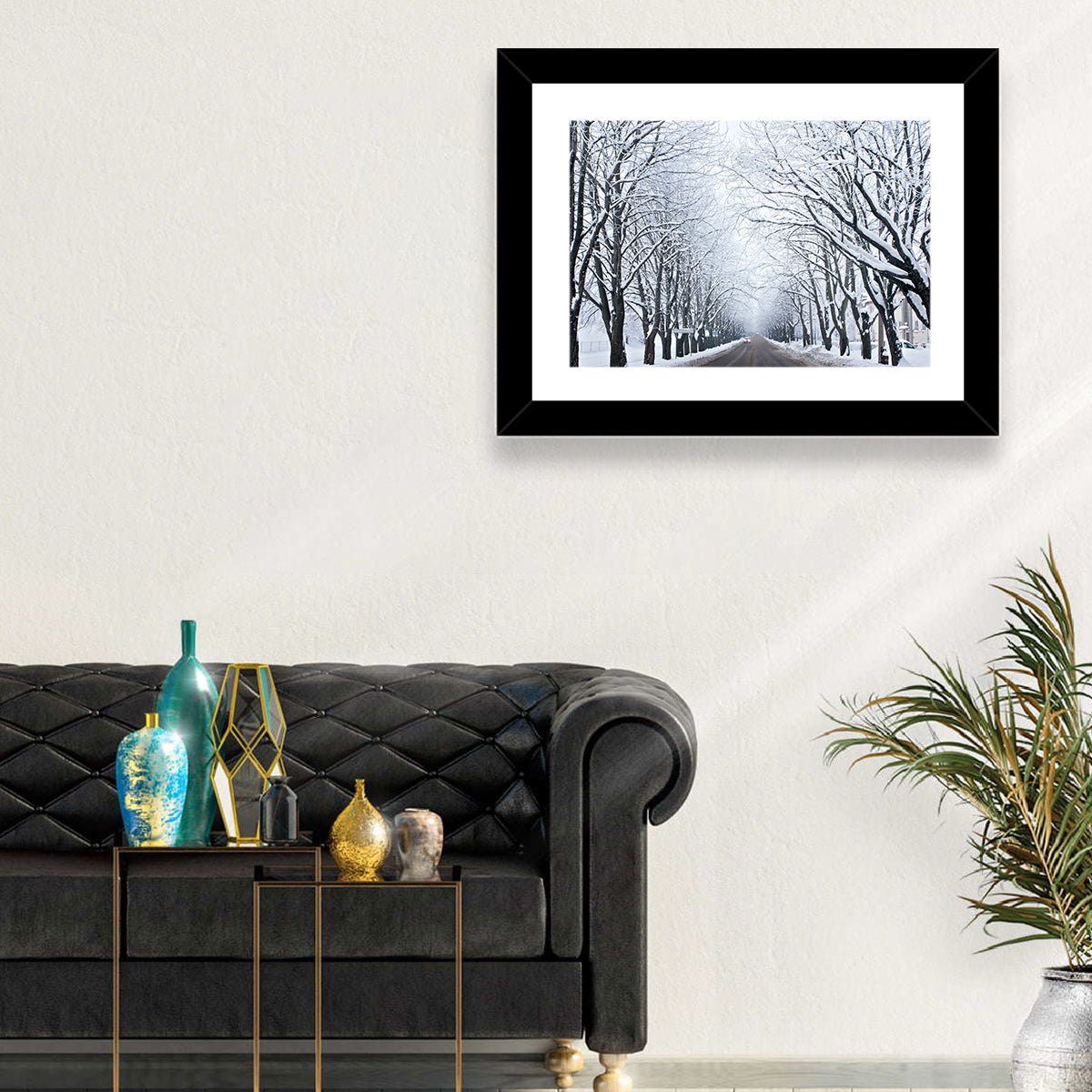 Snowy Road with Distant Headlights Wall Art