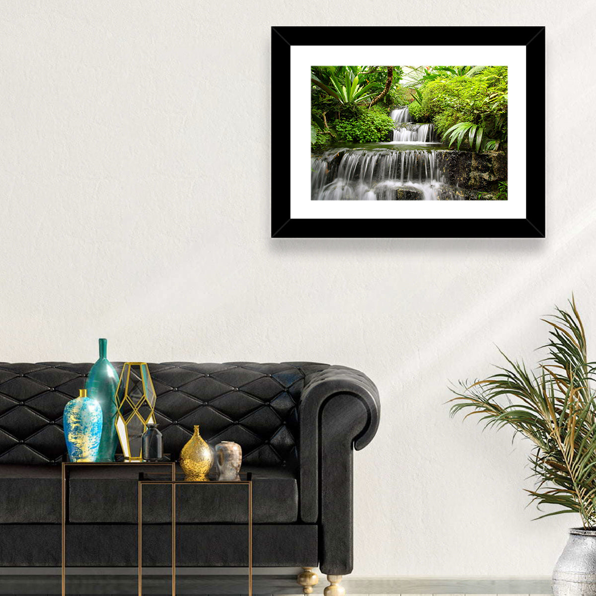 Lush Rainforest Cascade Wall Art in a room, landscape