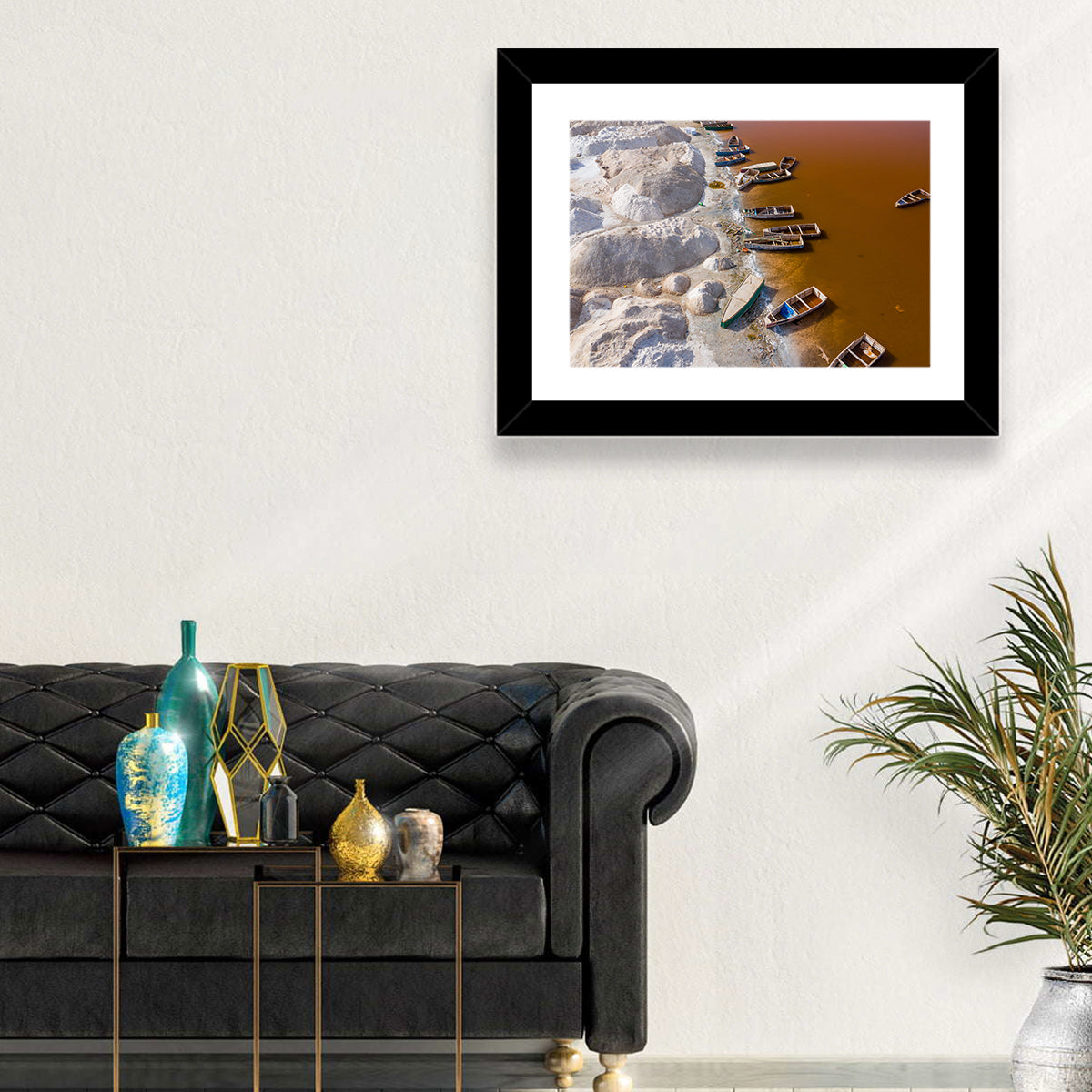 Lac Rose Boats and Salt Mounds Wall Art in a room, landscape