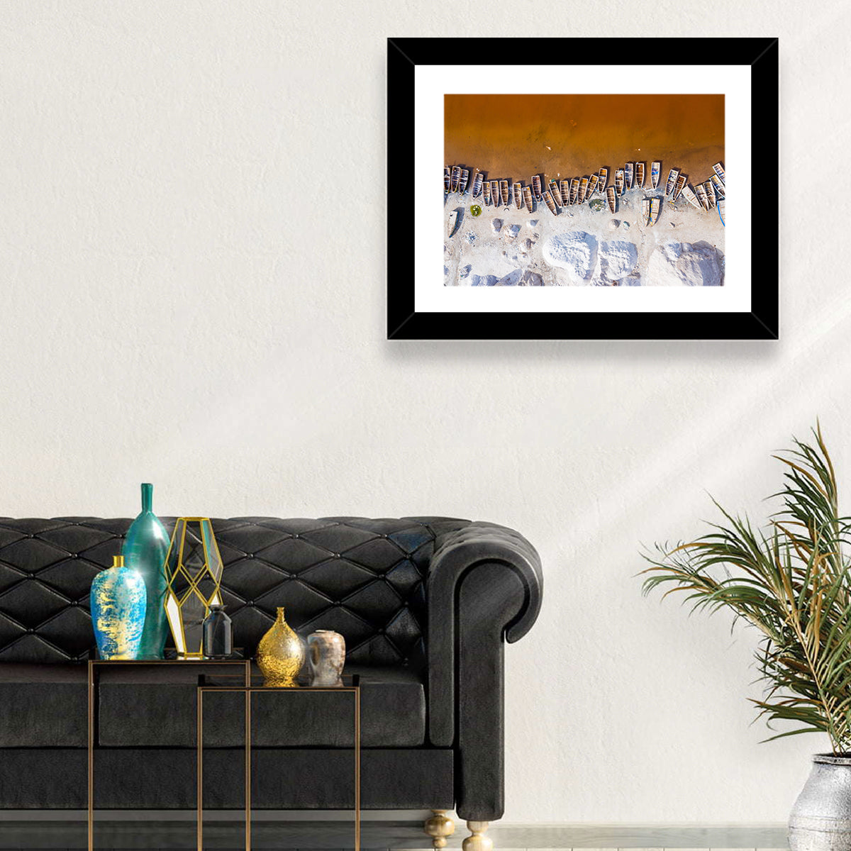 Lac Rose Boats Aerial View Wall Art in a room, landscape