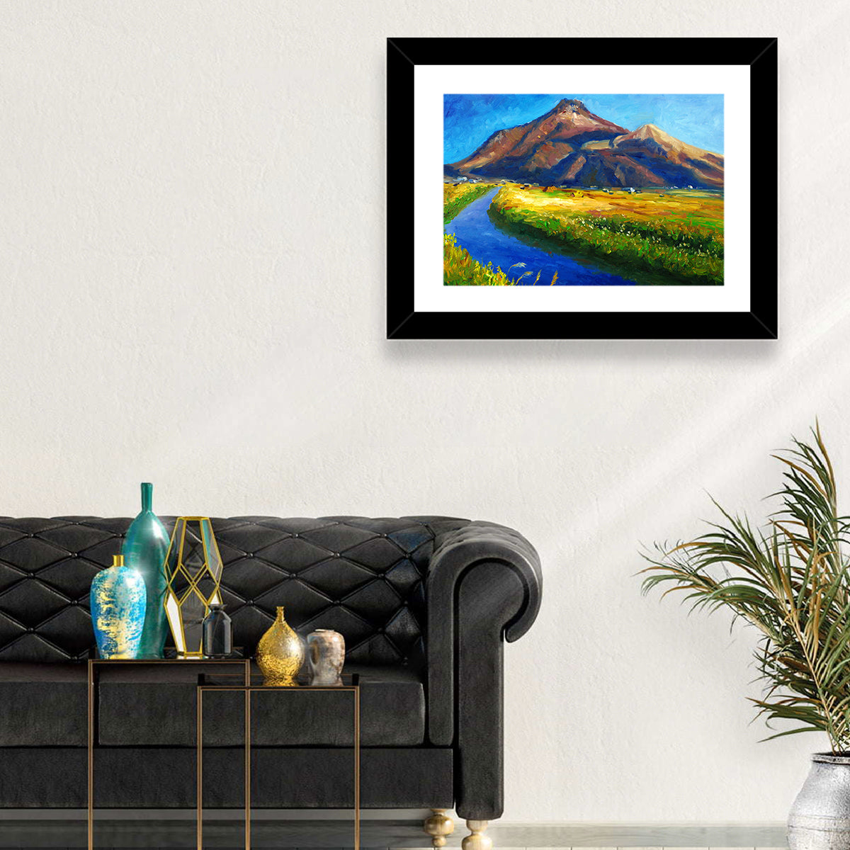 Mountain Village Stream at Golden Hour Wall Art in a room, landscape