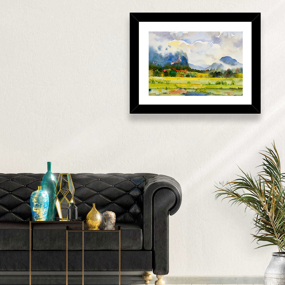 Summer Meadow Watercolor Landscape Wall Art in a room, landscape