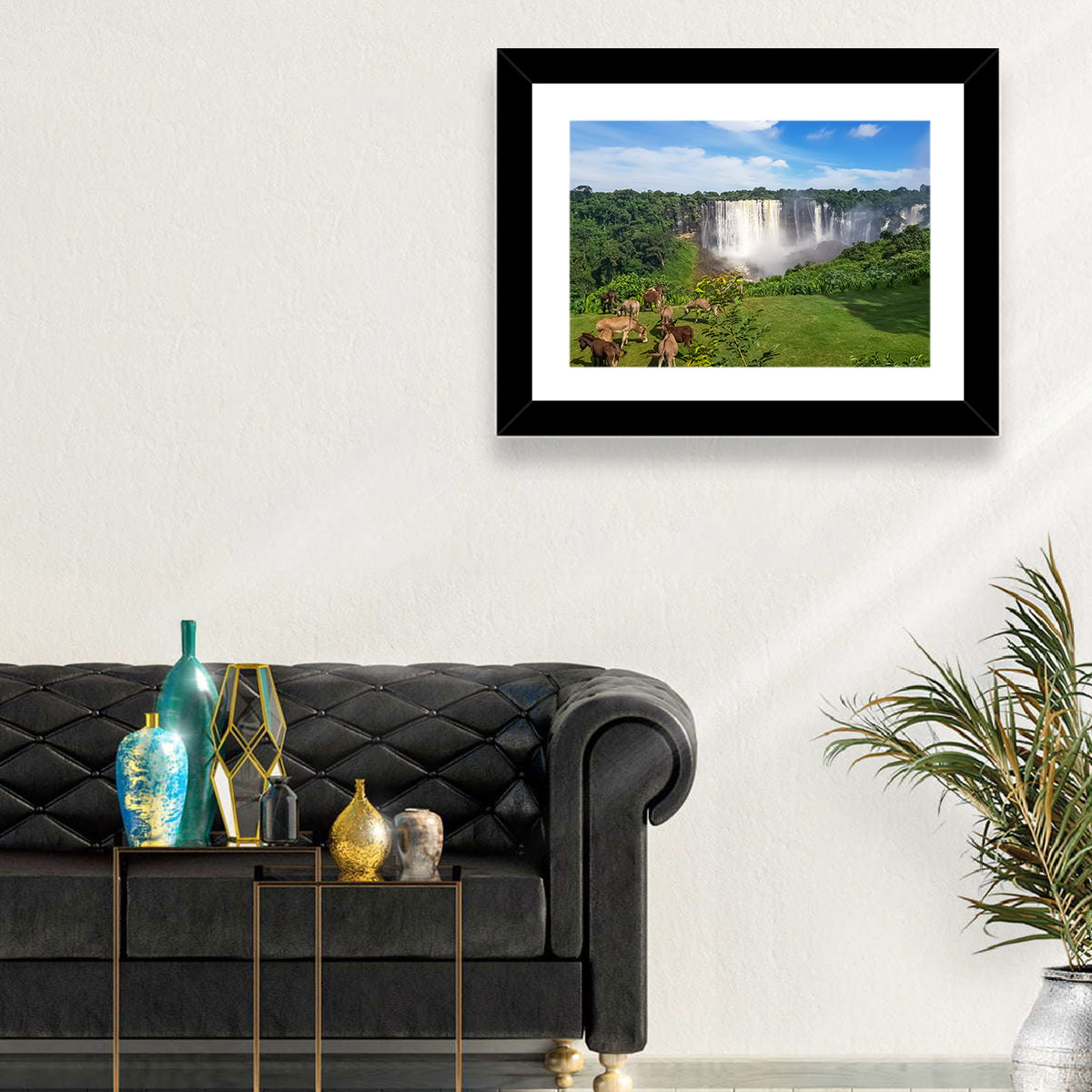 Kalandula Falls and Grazing Donkeys Wall Art