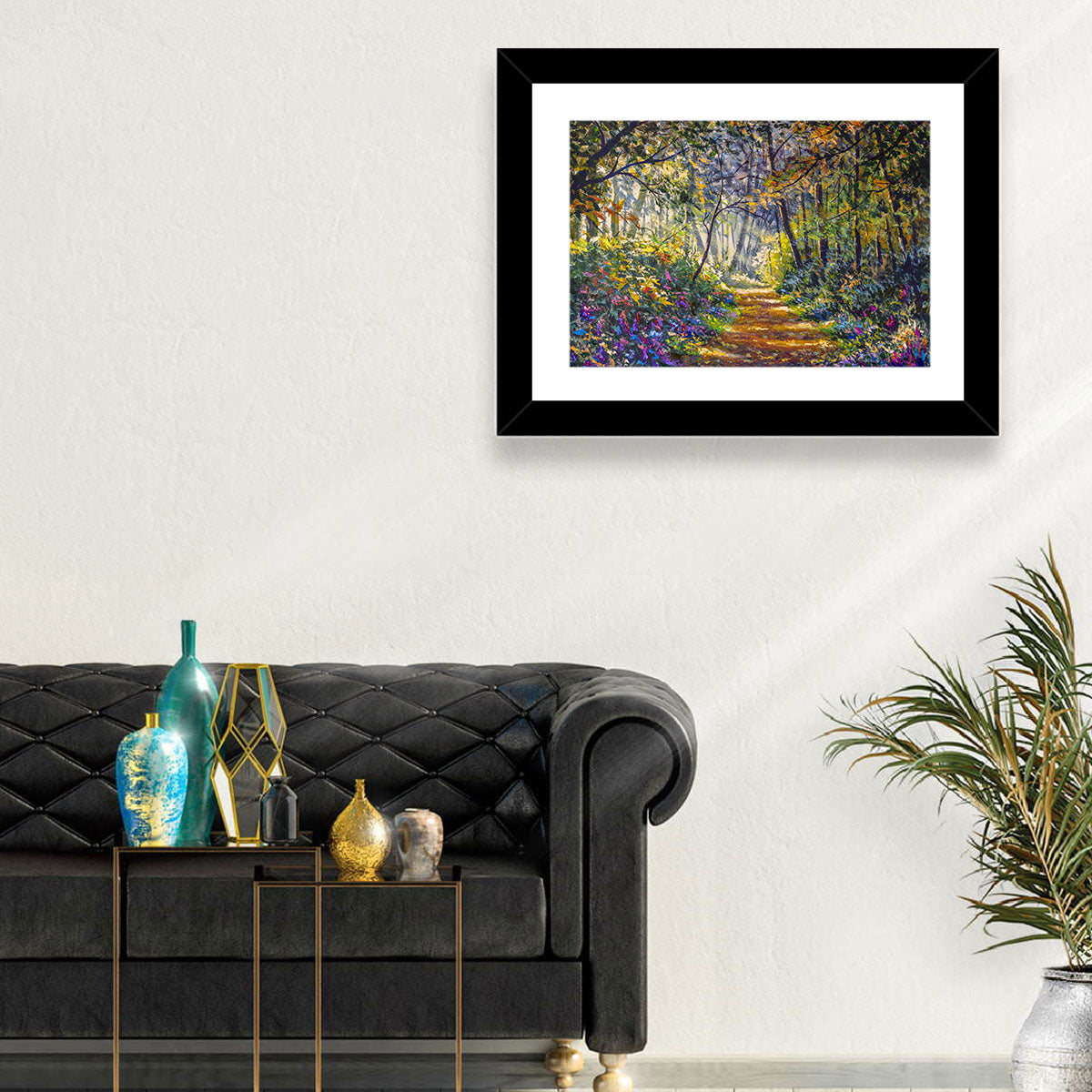 Sunlit Forest Path with Wildflowers Wall Art in a room, landscape