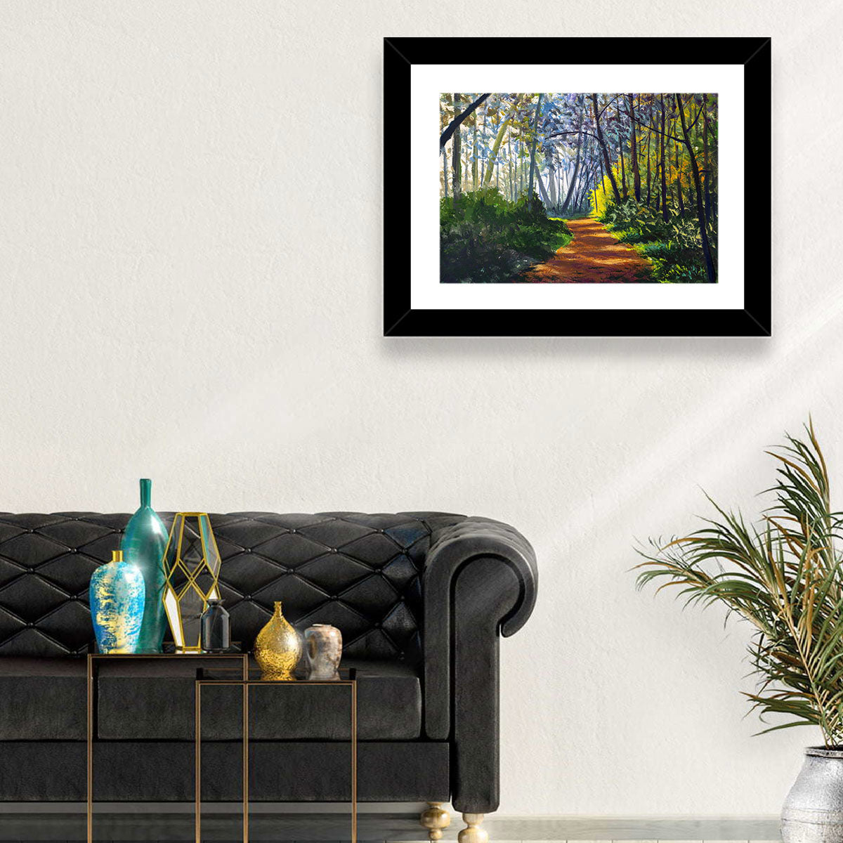 Sunlit Forest Alley Path Wall Art in a room, landscape