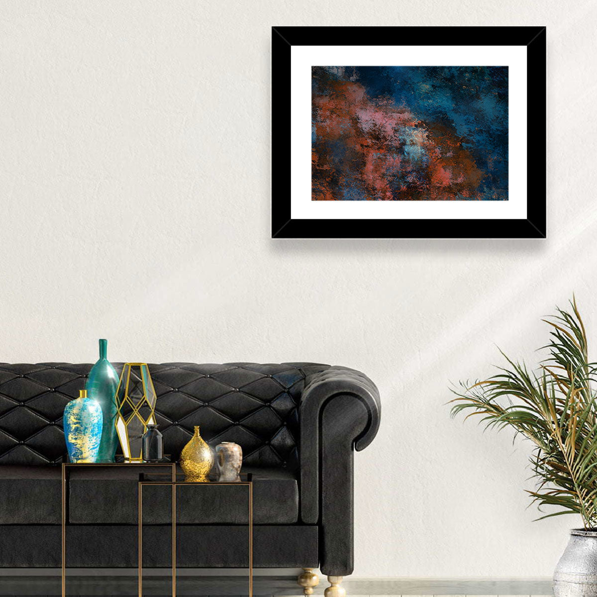 Blue to Rust Color Field Wall Art in a room, landscape