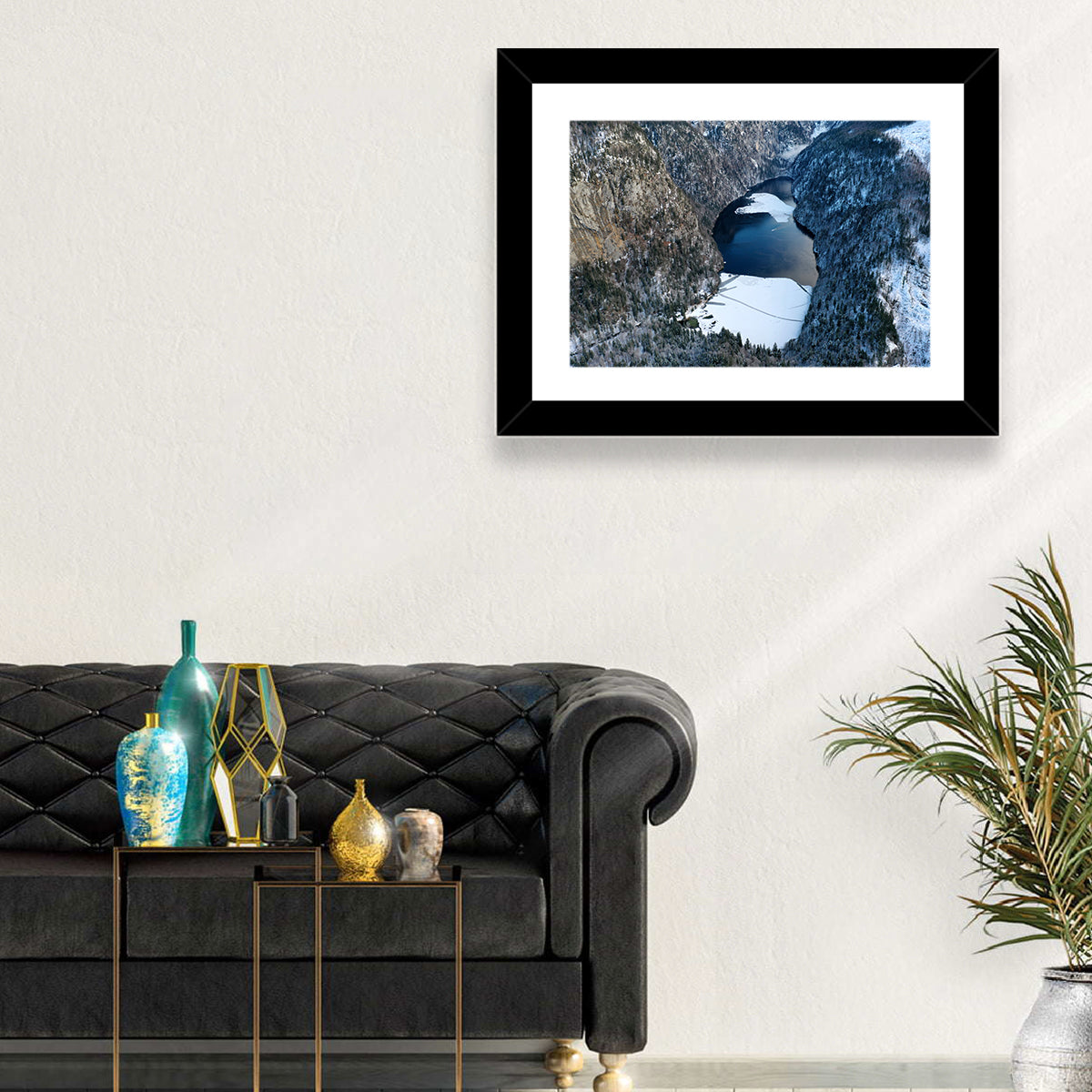 Toplitz Lake Winter Aerial Wall Art in a room, landscape