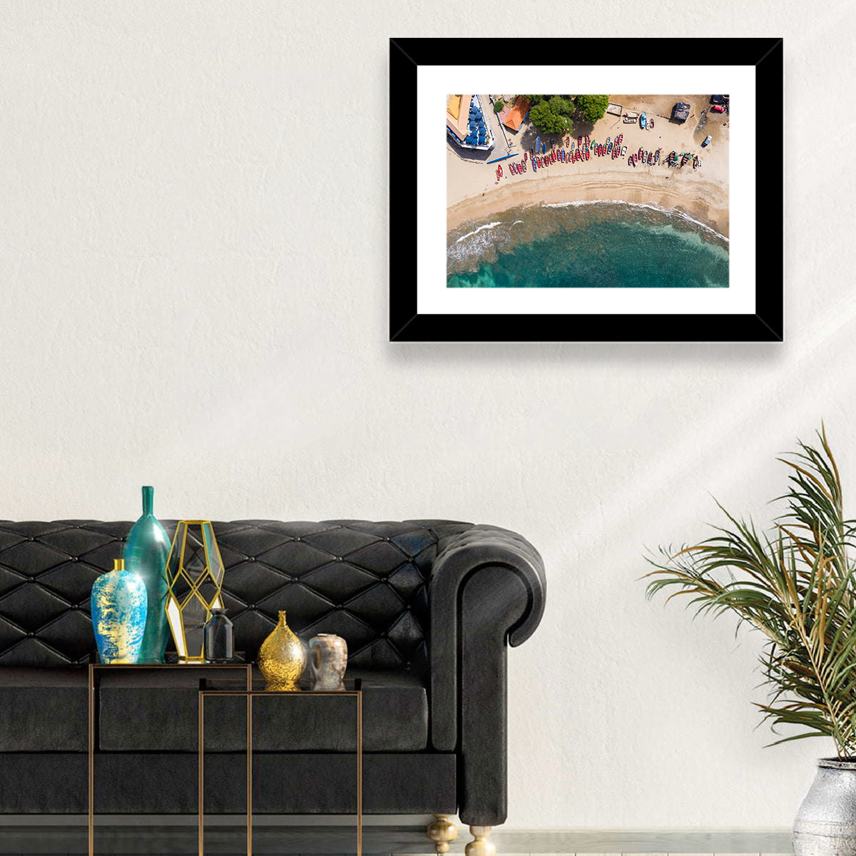 Aerial Tarrafal Beach Fishing Boats Wall Art in a room, landscape