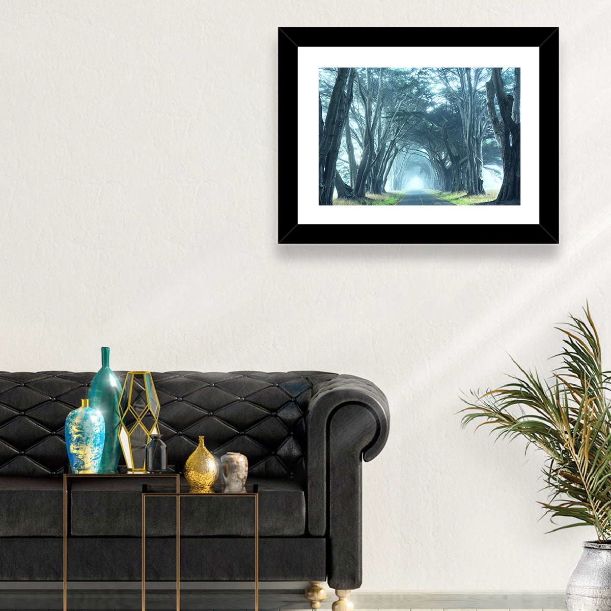 Foggy Cypress Tree Tunnel Wall Art in a room, landscape