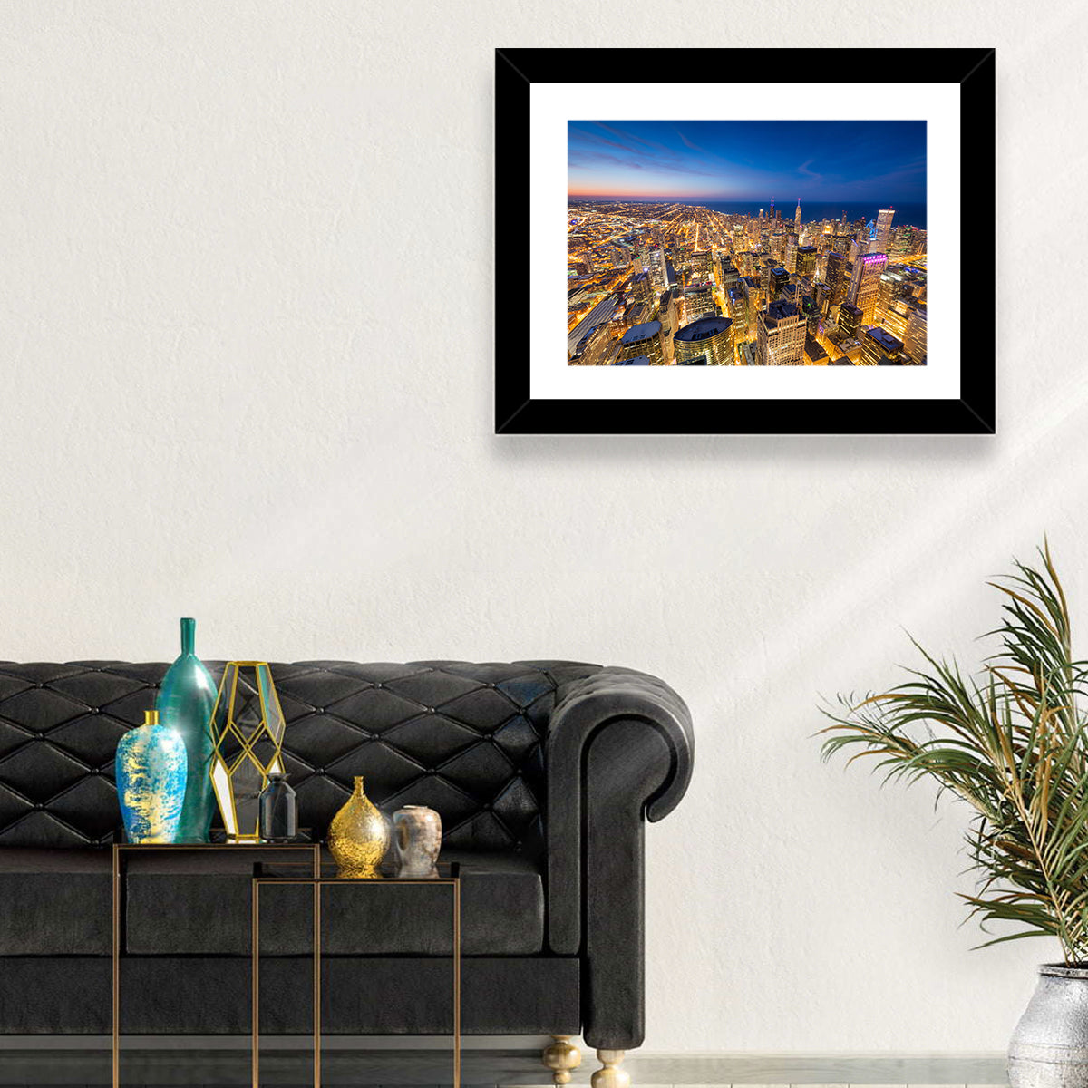 Aerial Chicago Nightscape Wall Art in a room, landscape