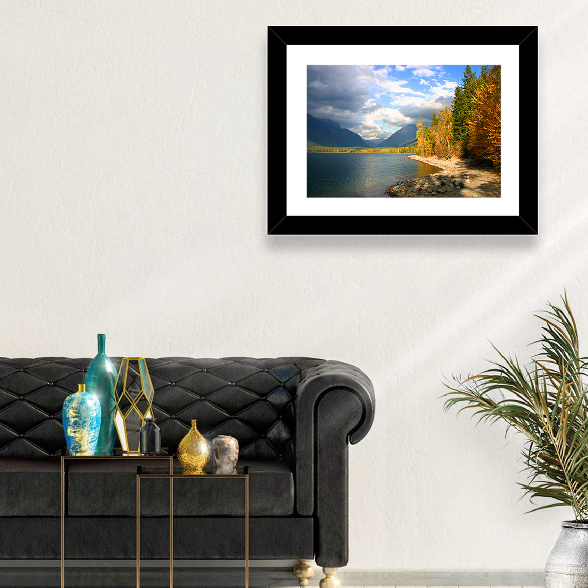 Lake Mcdonald Autumn Shoreline Wall Art in a room, landscape