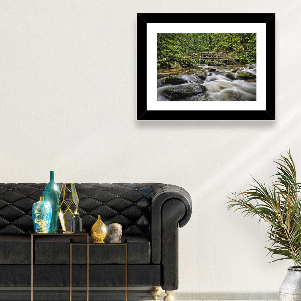 Stock Ghyll Footbridge Forest Stream Wall Art in a room, landscape