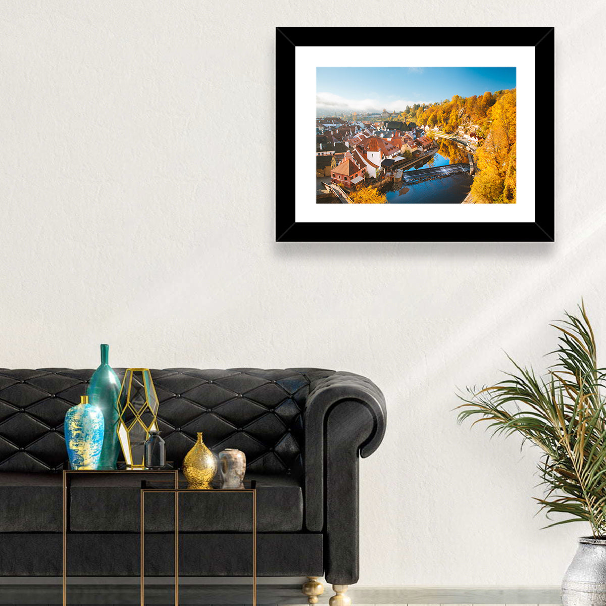 Český Krumlov River Weir in Autumn Wall Art