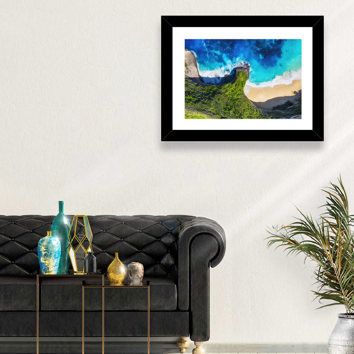 Kelingking Beach Cliffs Wall Art in a room, landscape