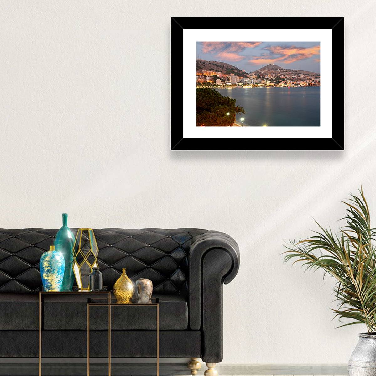 Sarandë Bay at Dusk Wall Art in a room, landscape