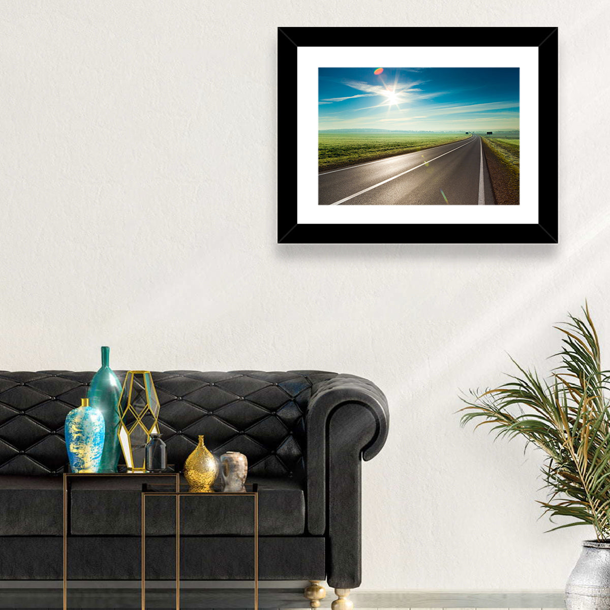 Sunlit Road Through Green Field Wall Art in a room, landscape