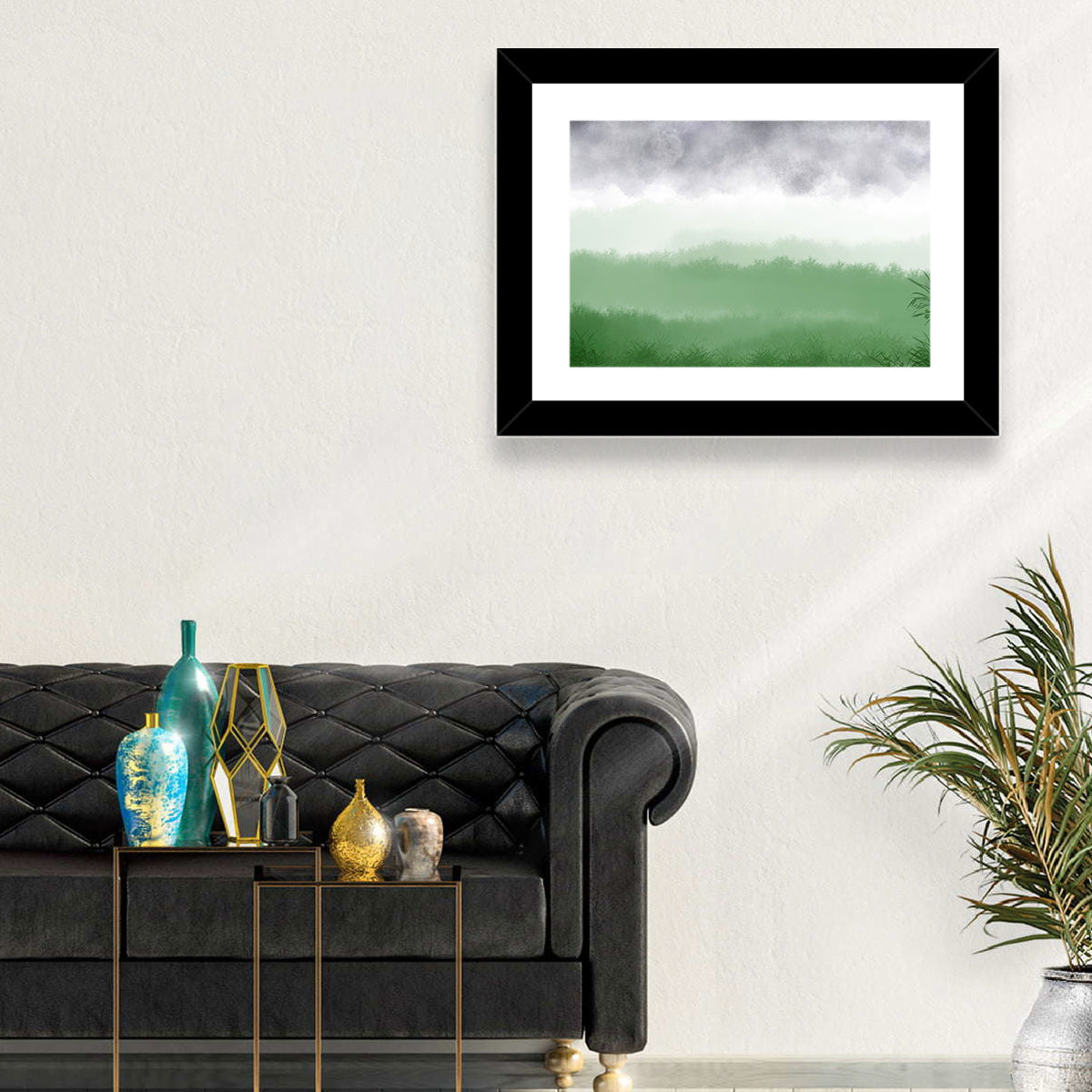 Misty Green Fields Wall Art in a room, landscape