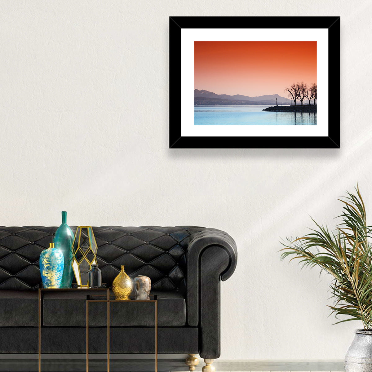 Lake Geneva Sunset Reflection Wall Art in a room, landscape