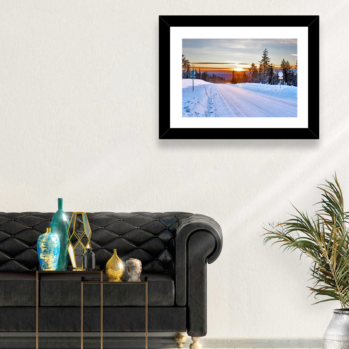 Snowy Road at Sunset Wall Art in a room, landscape