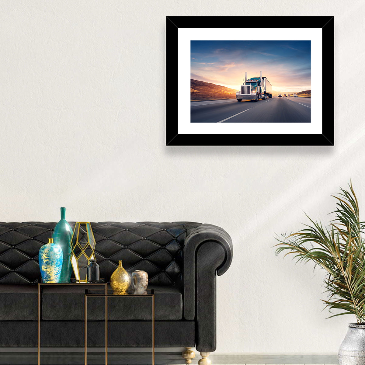 Semi Truck Highway Sunset Wall Art
