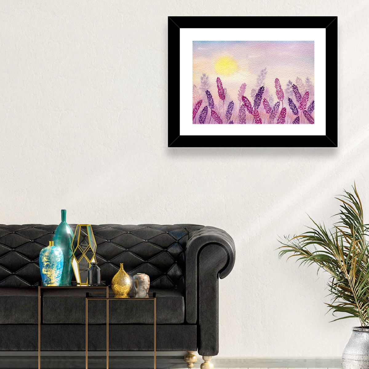 Sunlit Lavender Field Wall Art in a room, landscape