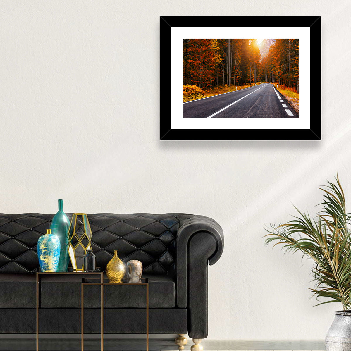 Golden Hour Forest Road Wall Art in a room, landscape