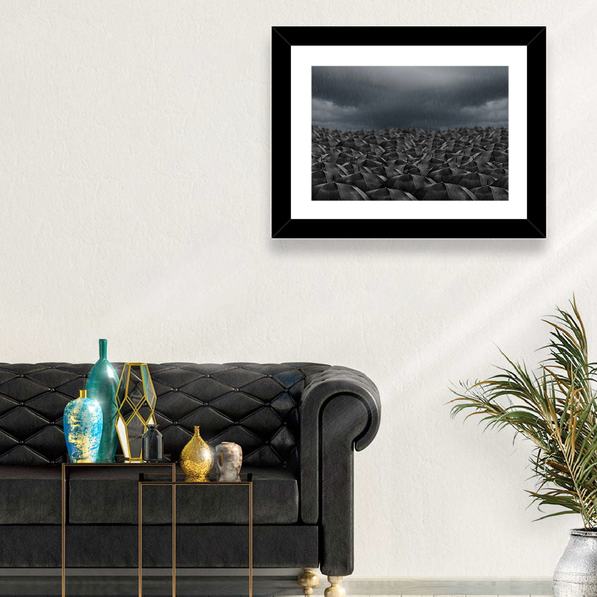 Clustered Umbrellas in Rain Wall Art in a room, landscape