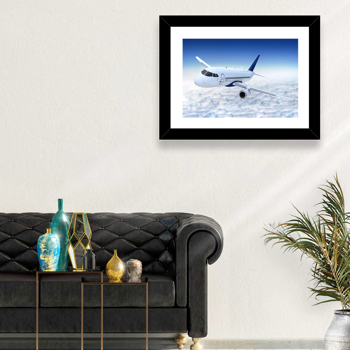 Commercial Jet Above Clouds Wall Art in a room, landscape