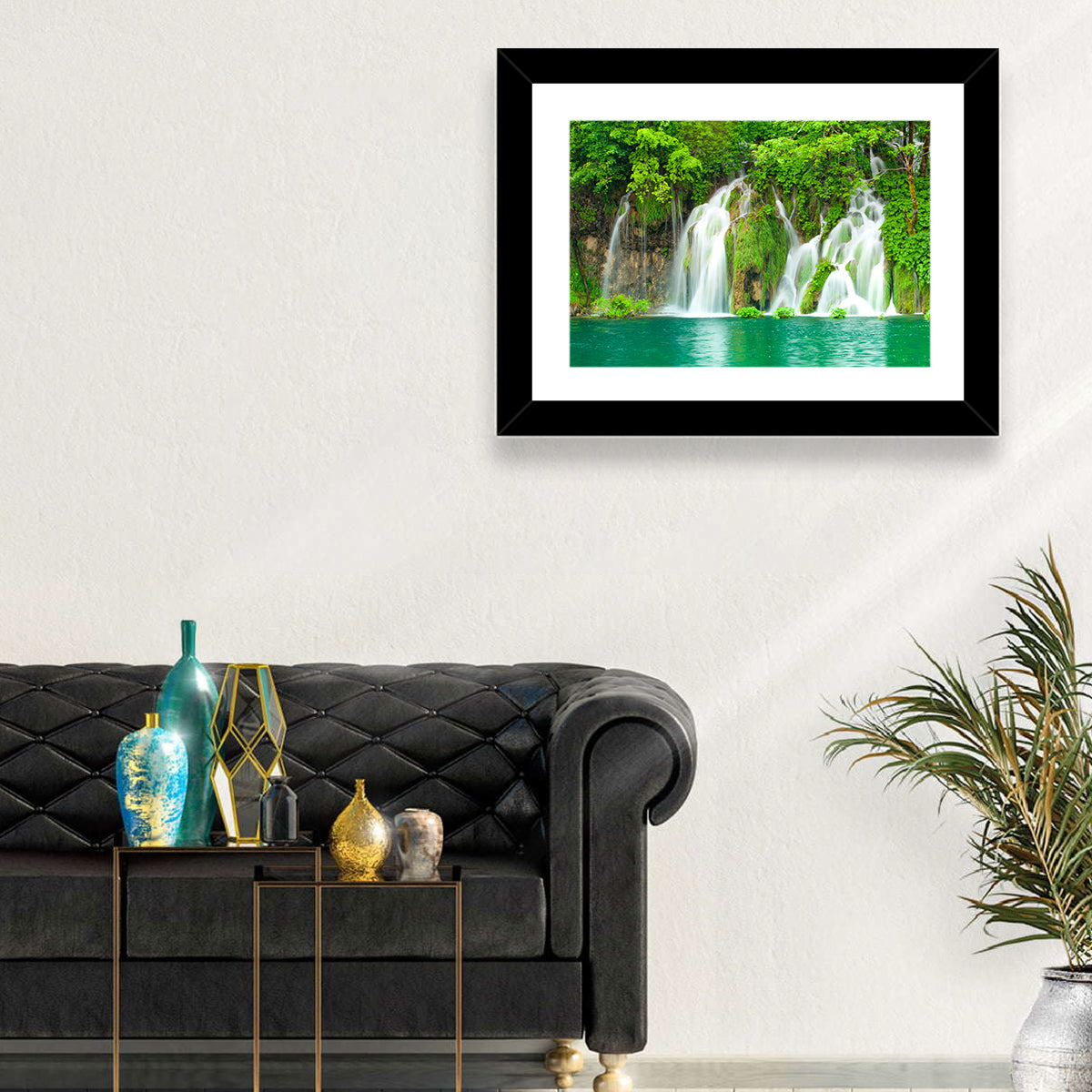 Plitvice Lakes Cascades Wall Art in a room, landscape