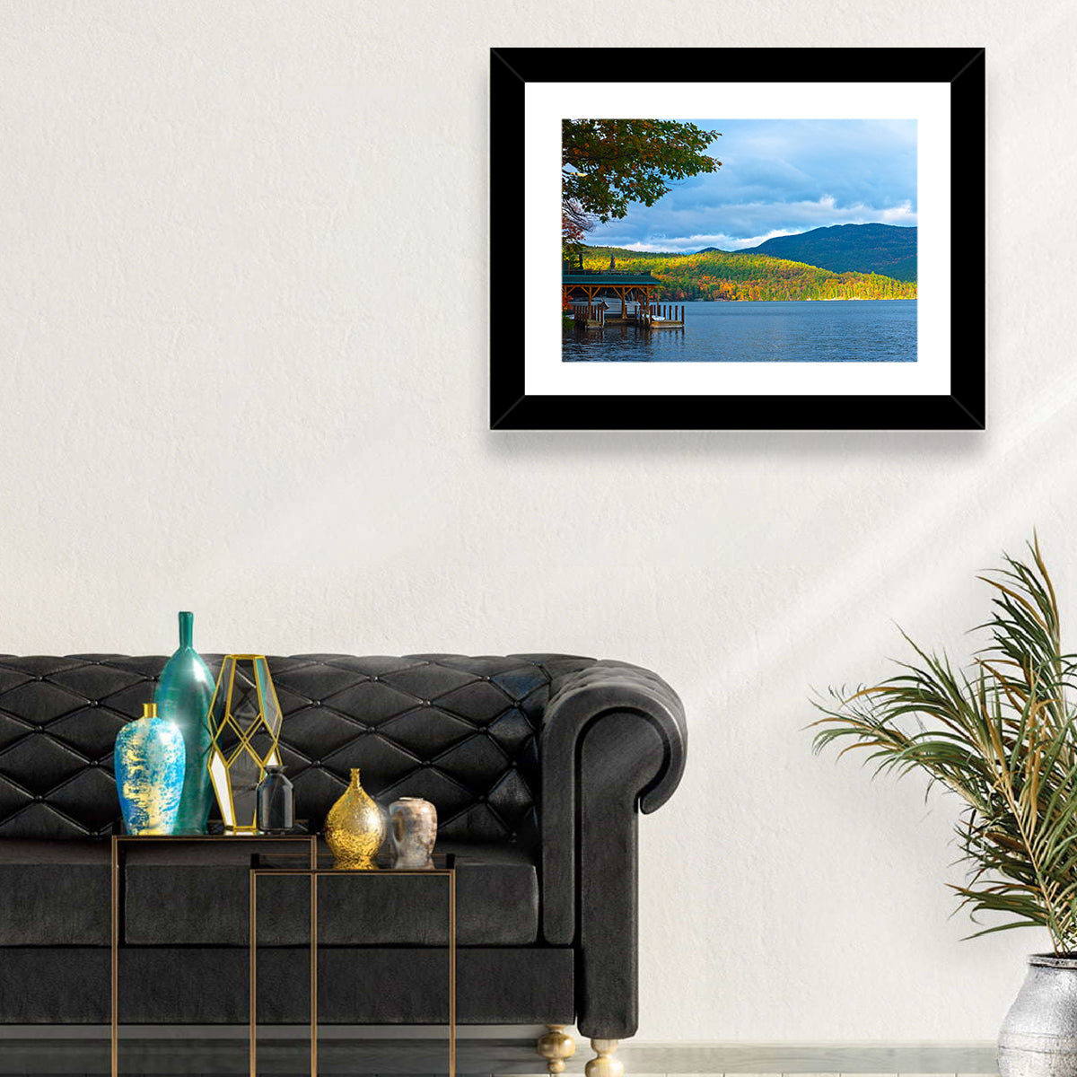 Lake George Boathouse in Autumn Wall Art in a room, landscape