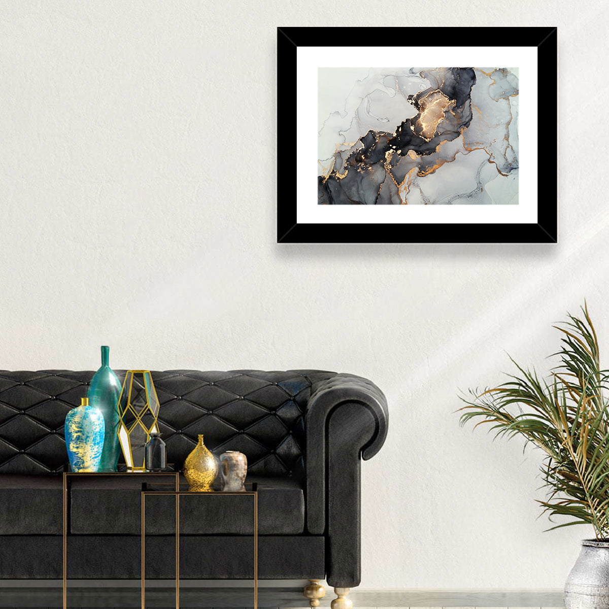 Black Fire Marble Abstract Wall Art in a room, landscape