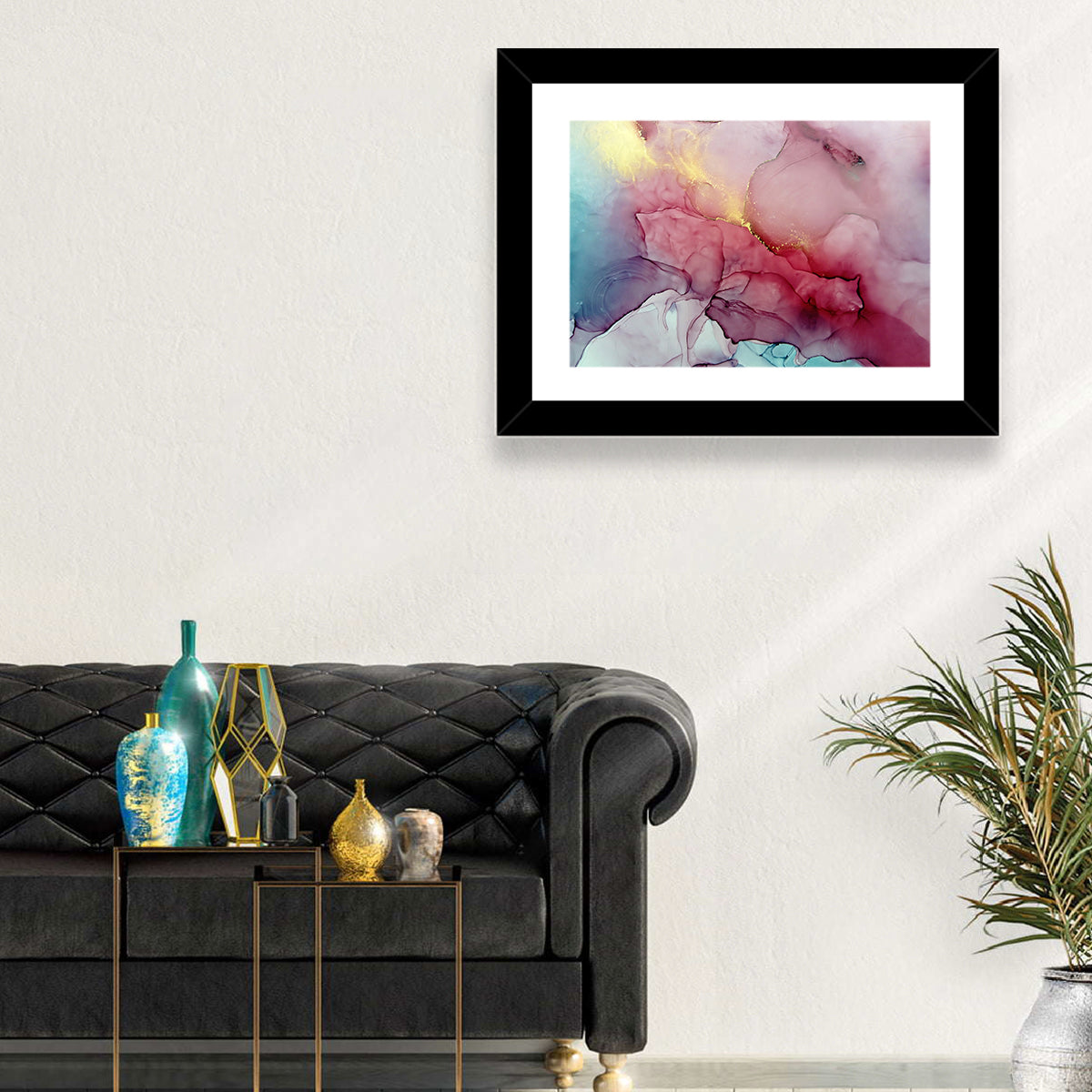 Pink and Gold Fluid Abstract Wall Art in a room, landscape