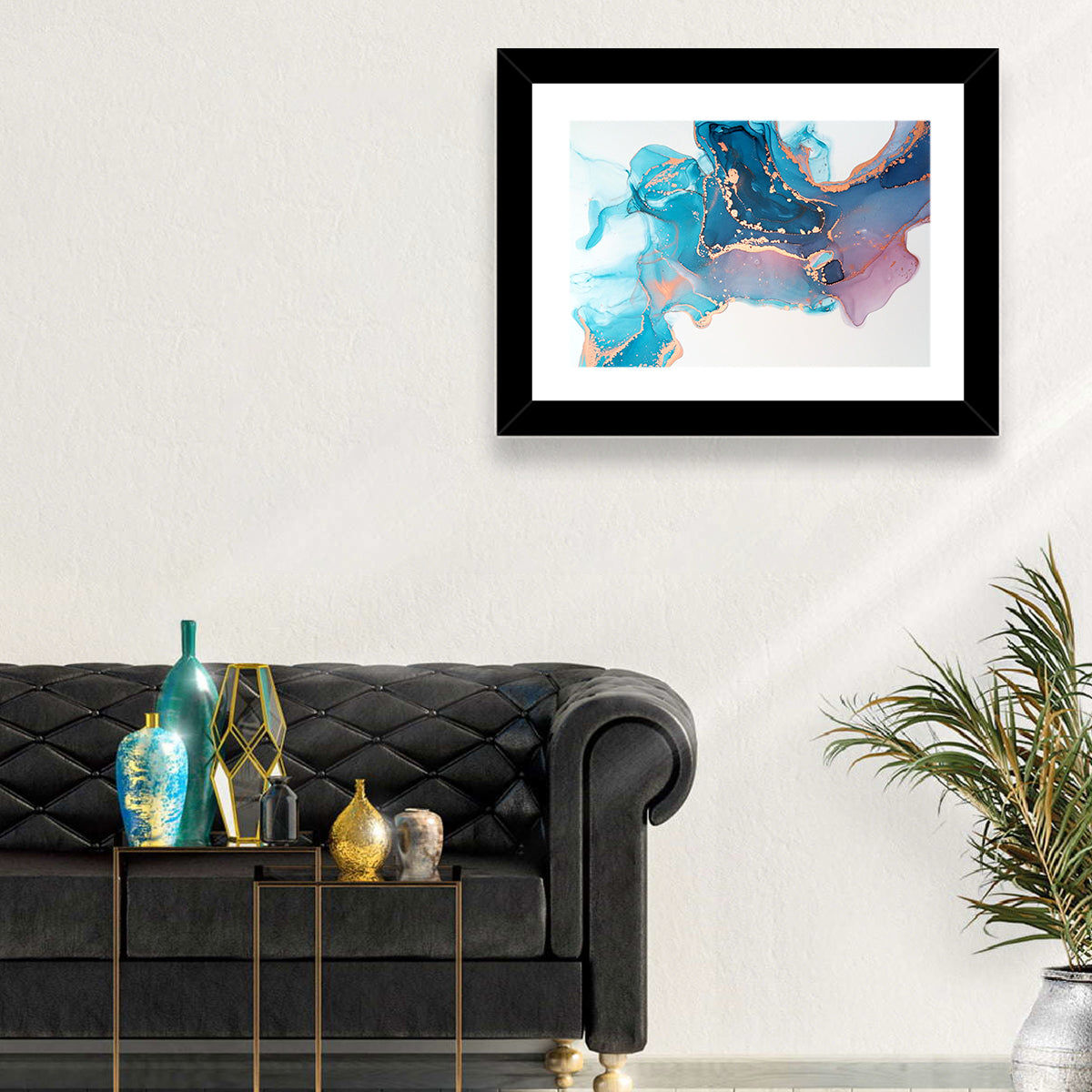 Fluid Ink with Metallic Gold Accents Wall Art in a room, landscape