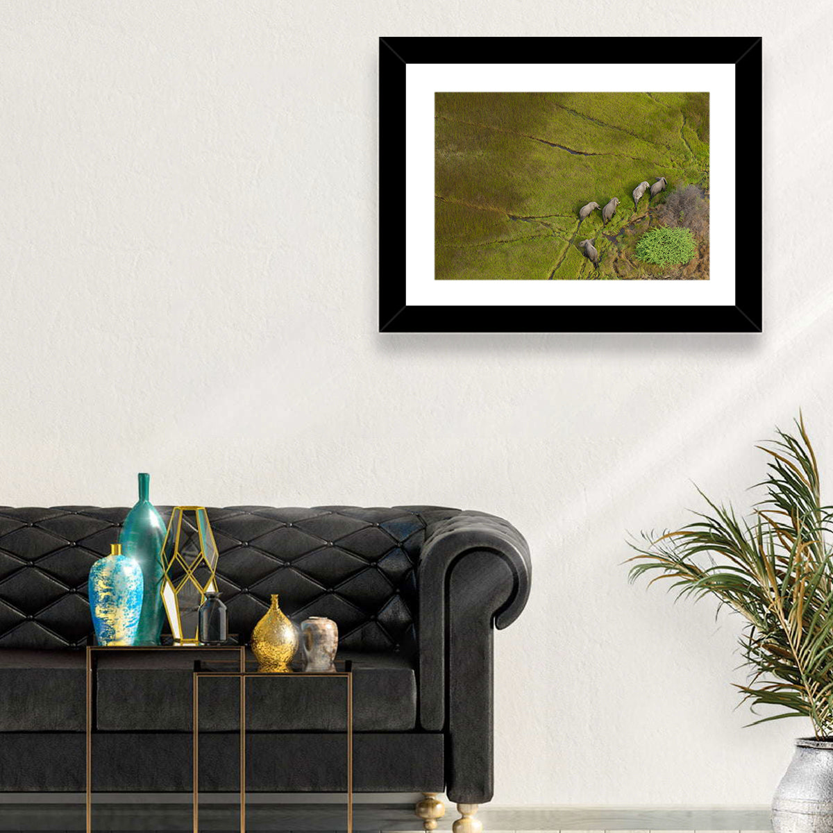 Aerial Herd of Elephants Wall Art in a room, landscape