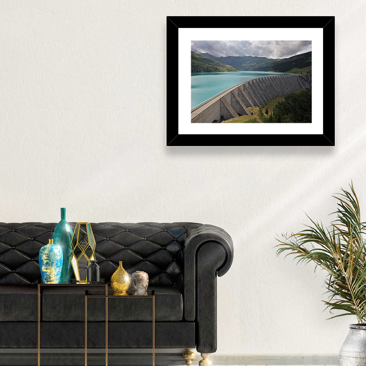 Curved Dam on Turquoise Lake Wall Art in a room, landscape