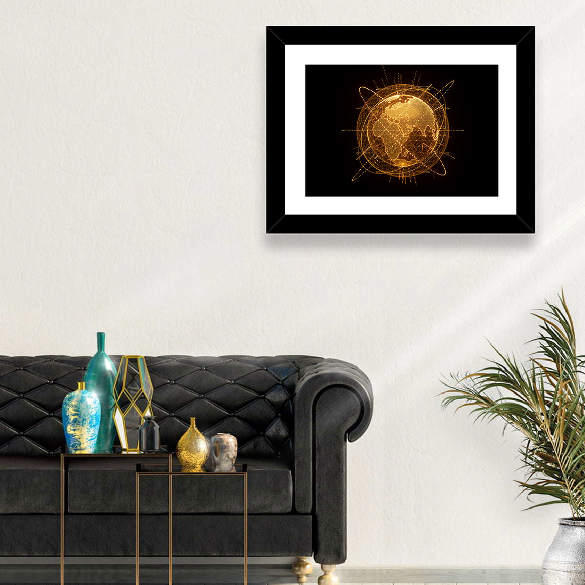 Golden Hologram Globe Wall Art in a room, landscape
