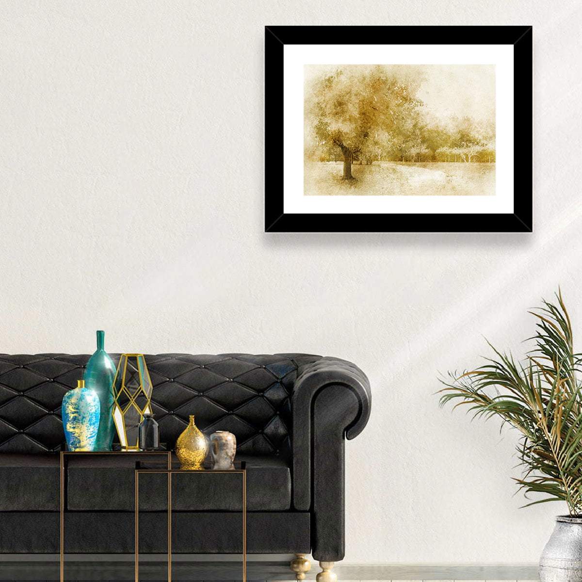 Sepia Orchard Pathway Wall Art in a room, landscape
