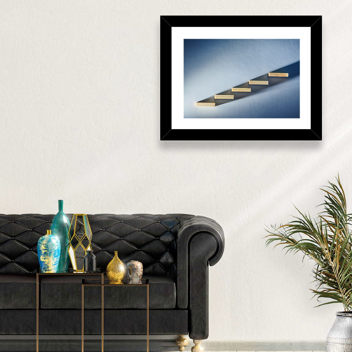 Five Wooden Steps Abstraction Wall Art in a room, landscape