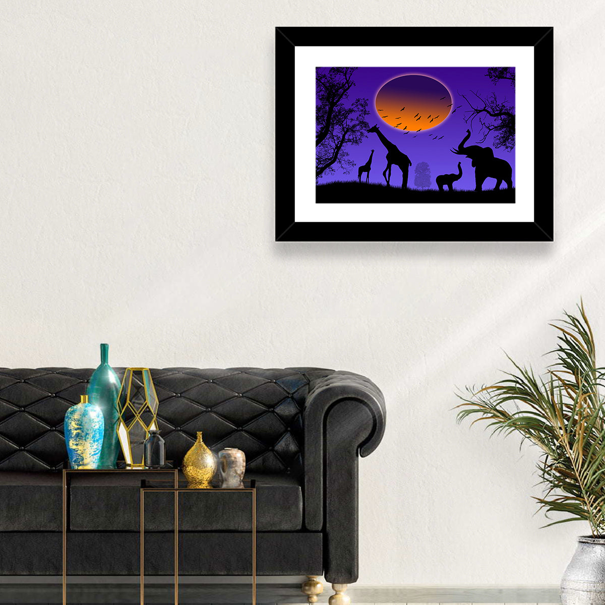 Sunset Savannah Silhouette Wall Art in a room, landscape