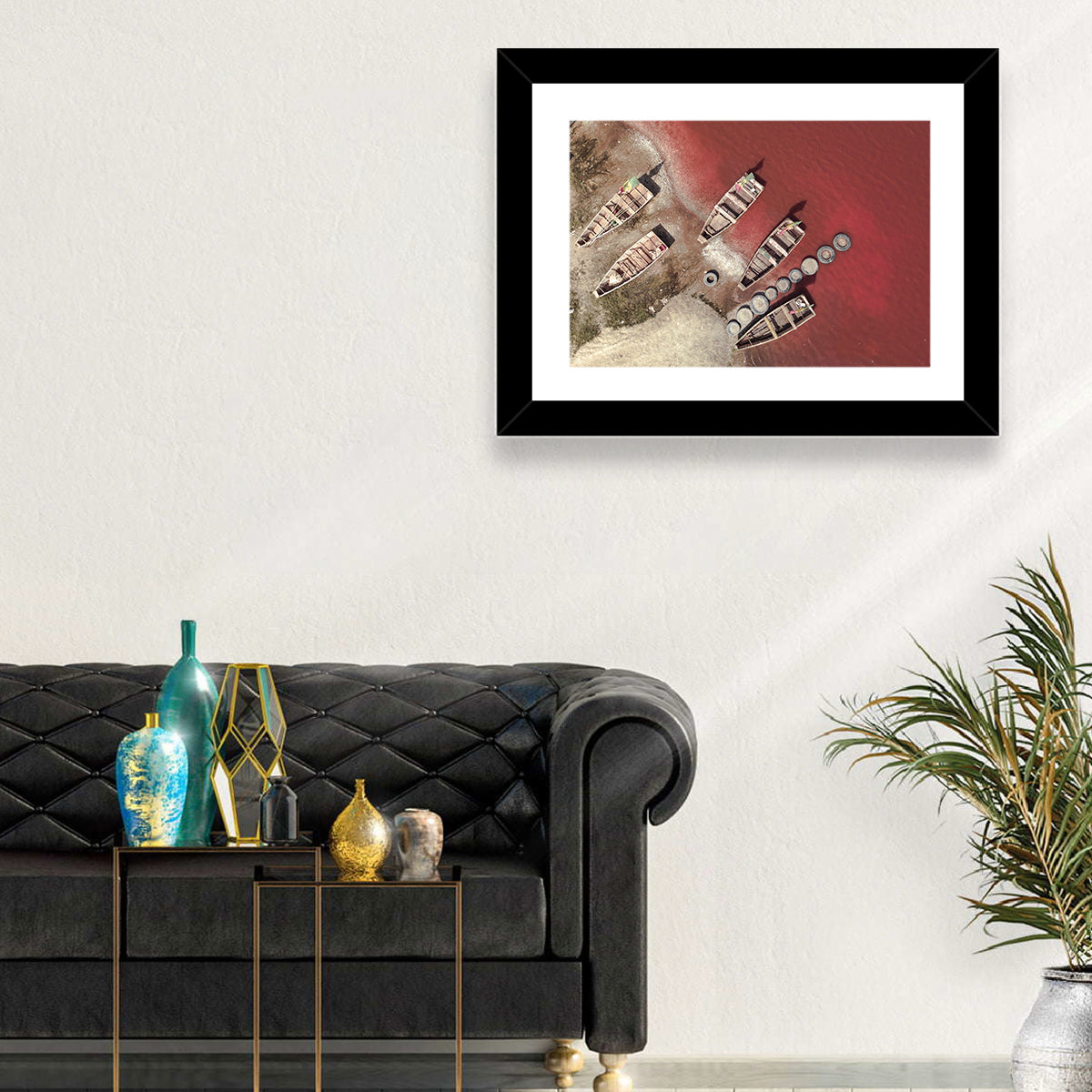 Wooden Boats on Lake Retba Wall Art in a room, landscape