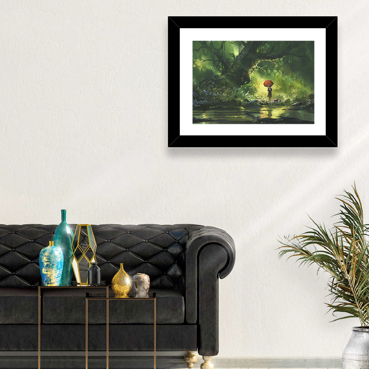 Girl with Umbrella in Mysterious Forest Wall Art in a room, landscape