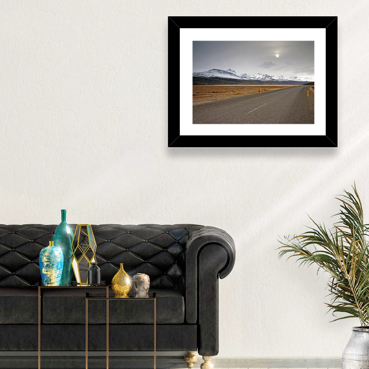 Icelandic Road to Snow-capped Mountains Wall Art in a room, landscape