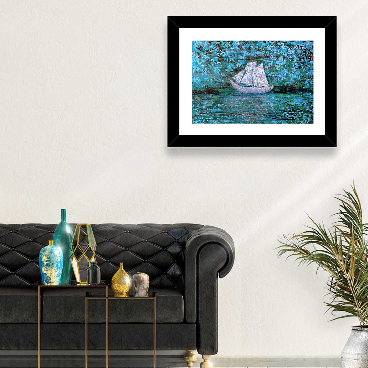 White Sailboat Reflection Wall Art in a room, landscape