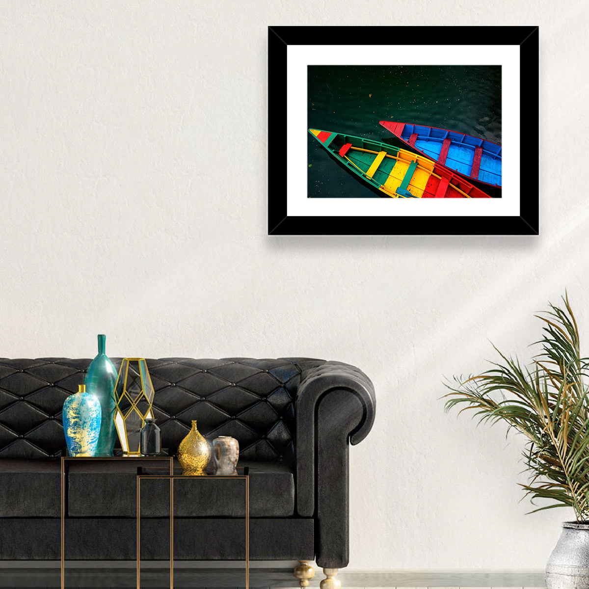 Two Colorful Boats Over Rippling Water Wall Art in a room, landscape