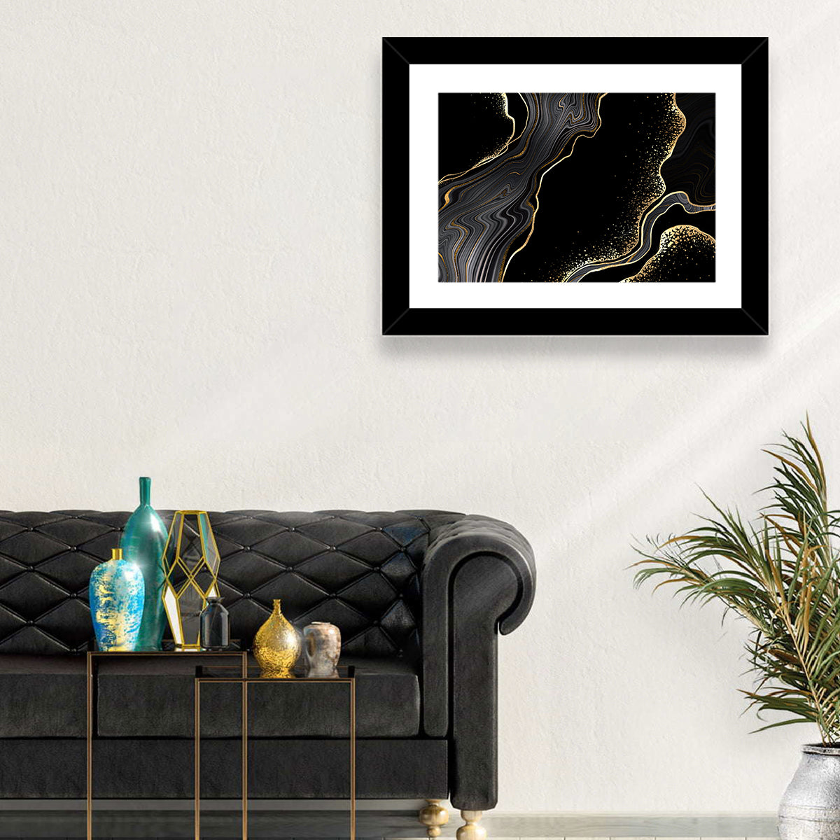 Black Marble with Gold Veins Wall Art in a room, landscape